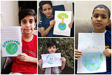 خلق نقاشی هایی در زمینه هفته زمین پاک توسط دانش‌آموزان کلاس چهارم دبستان پسرانه حضرت مجتبی(ع)